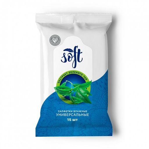 Soft Влажные универсальные очищающие салфетки, с экстрактом зеленого чая, 15 шт.